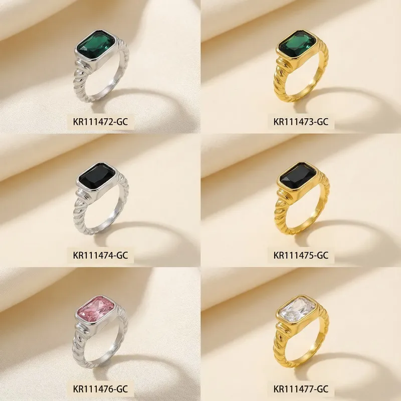 Personalized Twisted Cable Pattern Ring Multi-Color Rectangular Glass Inlaid Stainless Steel Ring Wholesale