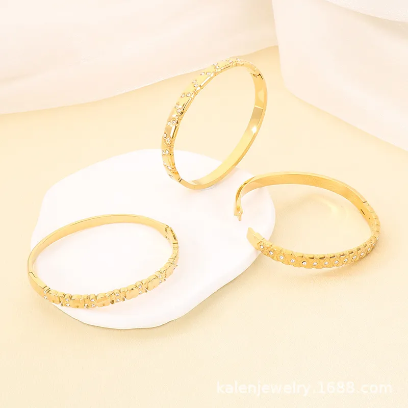 European and American Style Irregular Diamond-Encrusted Stainless Steel Bangles for Women