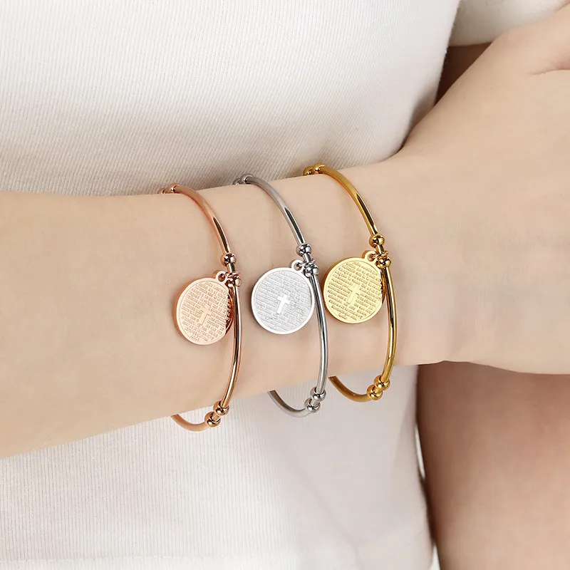 Stylish 18K Gold Round Cross Stainless Steel Openning Bangle Jewelry Wholesale