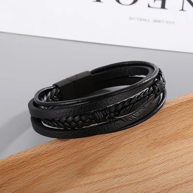 Fashionable Stainless Steel Feather Multi-Layer Woven Leather Men's Bracelet Jewelry