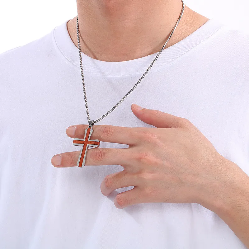 Simple Two-Tone Couple Necklace, Stylish and Unique Stainless Steel Inlaid with Rosewood Cross Men's Pendant