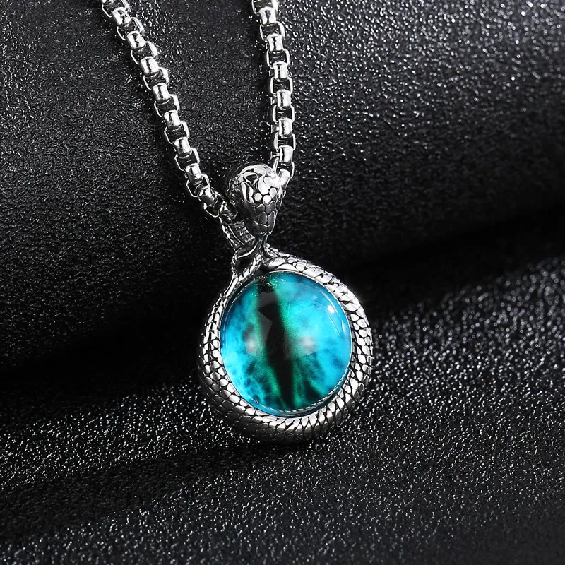 Trendy Cute Blue Yellow Snake Eye Stone Stainless Steel Men's Necklace Pendant