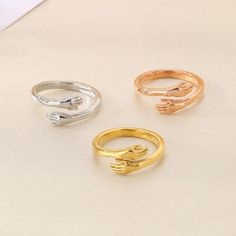 Rose Gold Plated Zircon Stone Hands Hug Stainless Steel Jewelry Ring