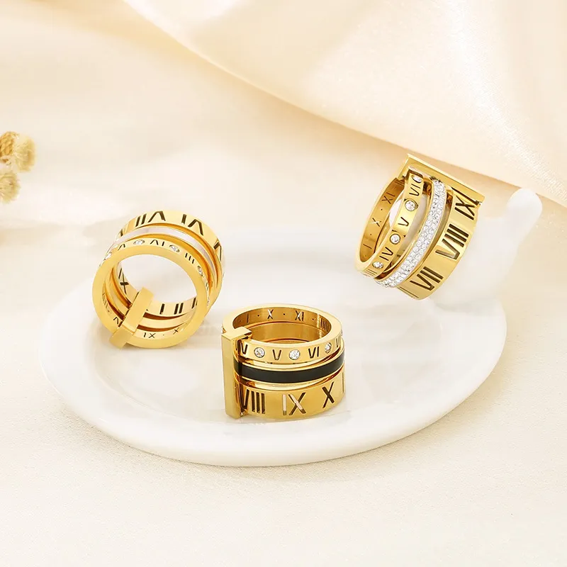 Elegant and Fashionable Stainless Steel Rhinestone Roman Numeral Jewelry Women's Ring