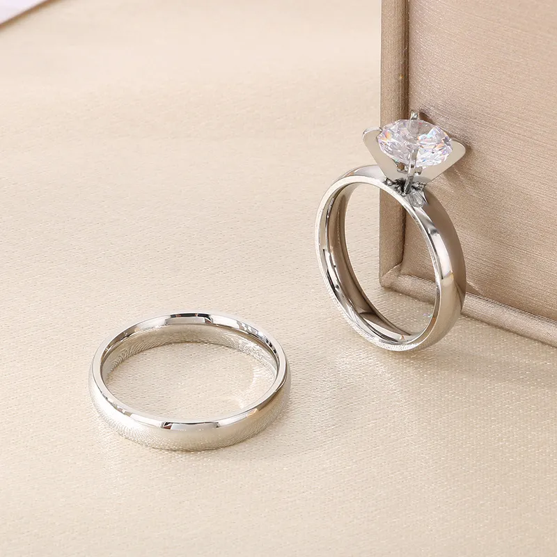 Minimalist Couple Rings 4-Prong Diamond Ring Pair 4mm Polished Stainless Steel Wedding Jewelry