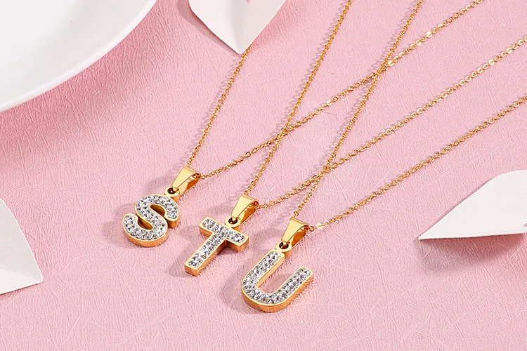 Women's Stainless Steel Full-Diamond 26 English Letters DIY Pendant Diamond-Embedded Collarbone Necklace