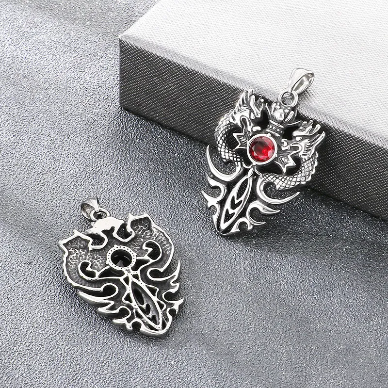 Aggressive Old Born Xiao Long Necklace China-Chic Antique Double Dragons Playing with Beads and Diamond Sword Stainless Steel Men's Pendant