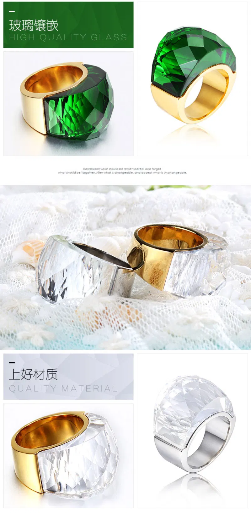 Fashion Colorful Crystal Finger Ring Durable Stainless Steel Vacuum Plated Glass Rings