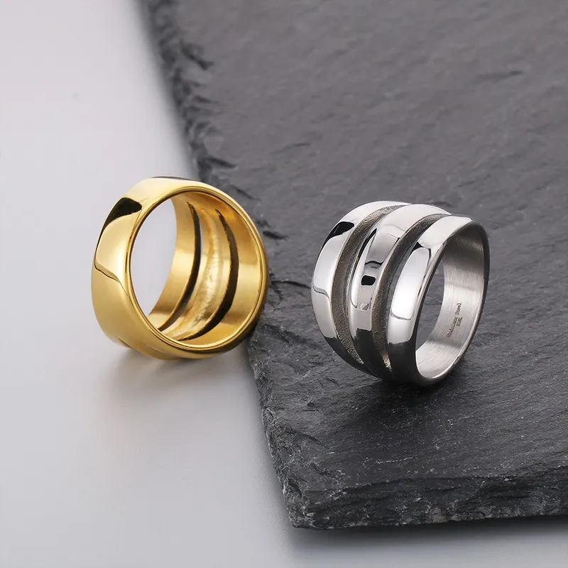 Stainless Steel Geometric Lines Personalized Three-Layer Ins Style Men's Atmospheric Ring