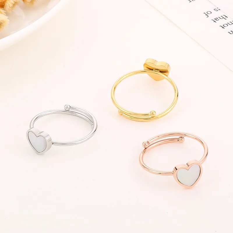 Fashion 18K Gold-Plated Stainless Steel Open Heart Ring Minimalist Adjustable White Shell Rings
