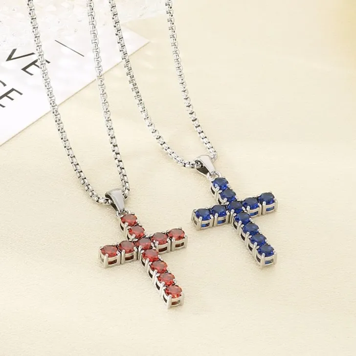 Multi-Colored Diamond-Encrusted Cross Pendant Stainless Steel Tennis Chain Jewelry