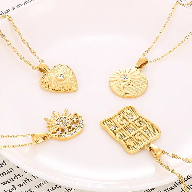 Irregular Pattern Square Necklace with Stars, Moon, Sun, and Entertainment Pendant Inlaid with Zircon Stainless Steel Necklace