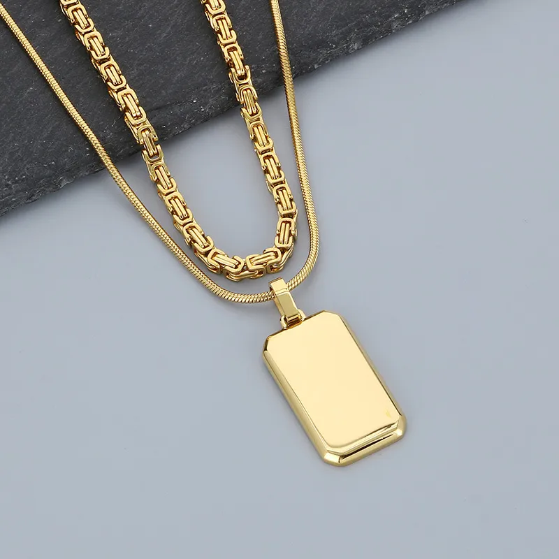 Trendy and Cool Emperor Chain Square Brand Necklace for Men, Double Layered Stainless Steel Military Brand Pendant Supporting Engraving