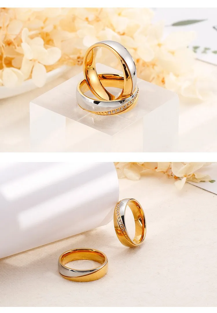 Cross-Border Hot-Selling Two-Tone Gold Stainless Steel Couple Rings with Diamonds