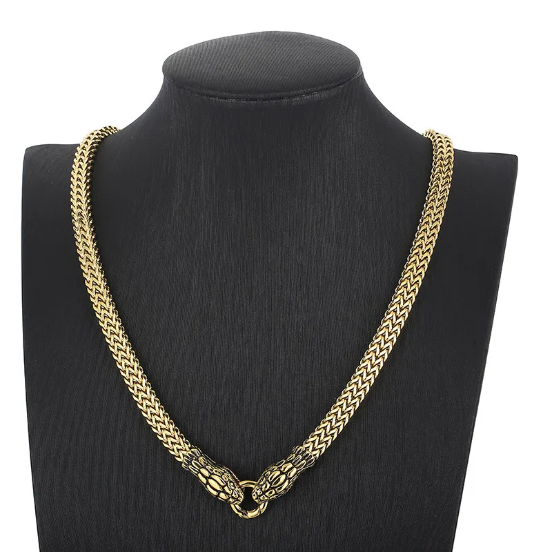 Stainless Steel Cast Double Snake Head Necklace Punk Style Jewelry