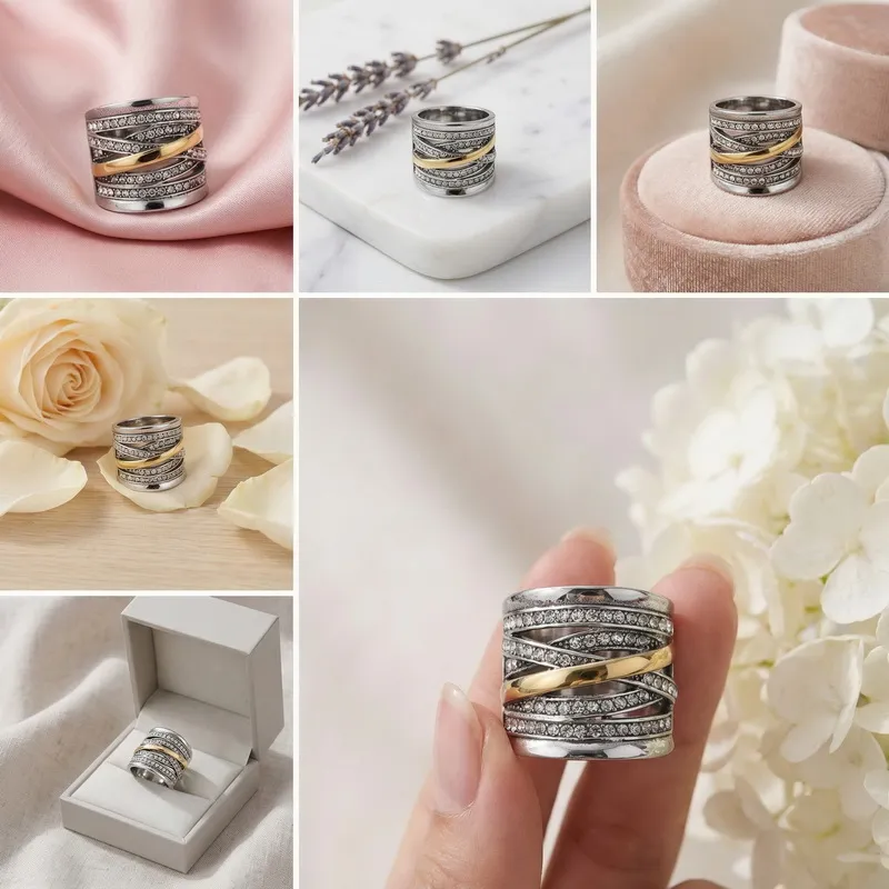 Fashion Entwined Multi-Band Shiny Zircon Ring Stainless Steel Vintage Oversized Wide Ring