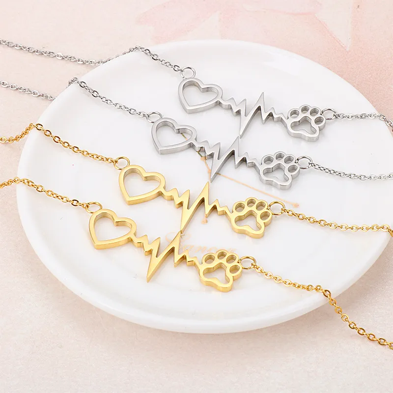 New Creative Heart-Shaped Cute Cat Paw Stainless Steel Necklace and Bracelet Jewelry Sets