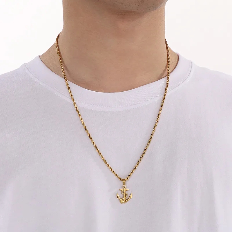 Stainless Steel Boat Anchor Pendant Necklace, Trendy Men's Personalized Retro Cross Jewelry