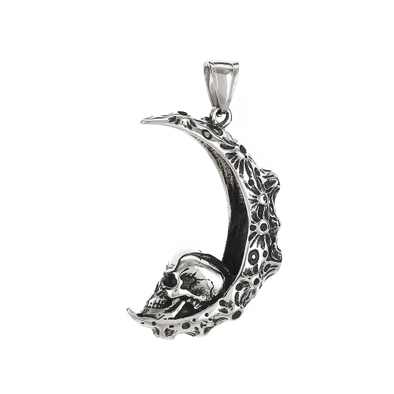 Gothic Style Dark Crescent Rose Pendant Punk Retro Personality Skull Moon Stainless Steel Men's Pendant
