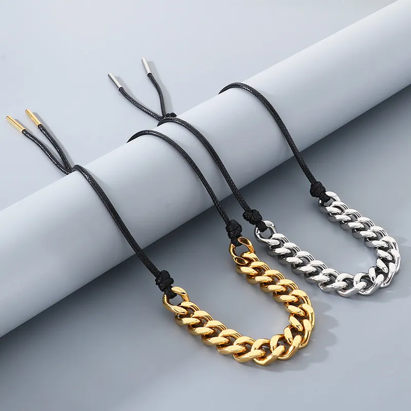 Vintage Western Cowboy Style Black Wax Rope Splicing Cuban Chain Long Adjustable Stainless Steel Men's Pendant Necklace