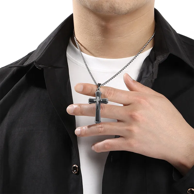 Men's Trendy Stainless Steel Three-Layer Three-Dimensional Cross Pendant Accessory Jewelry Wholesale