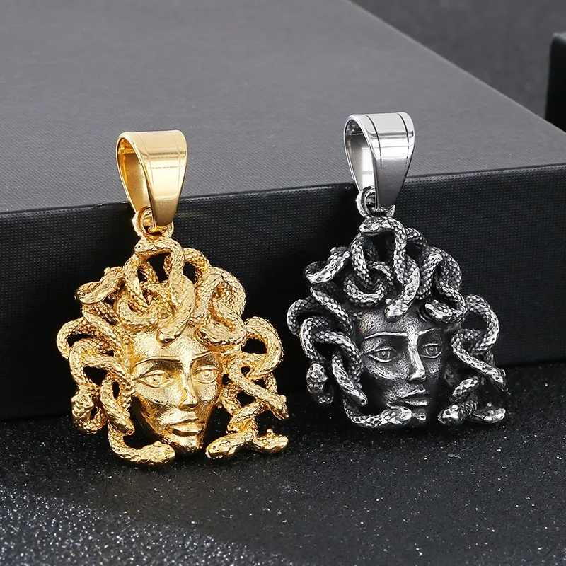 European and American Hipster Snake Woman Head Ornament, Vintage Personalized Ancient Greek Gorgon Stainless Steel Men's Pendant