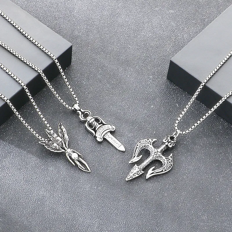 Cross Border Domineering Sea God Trident Dry Pendant Retro Magic Mandela Grass Sword Stainless Steel Men's Pendant Accessory