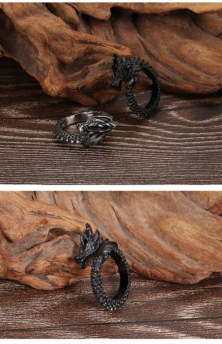 Vintage Ethnic Dragon Jewelry Wholesale: Stainless Steel Imposing Dragon Head Ring, European and American Men's Open-End Finger Ring