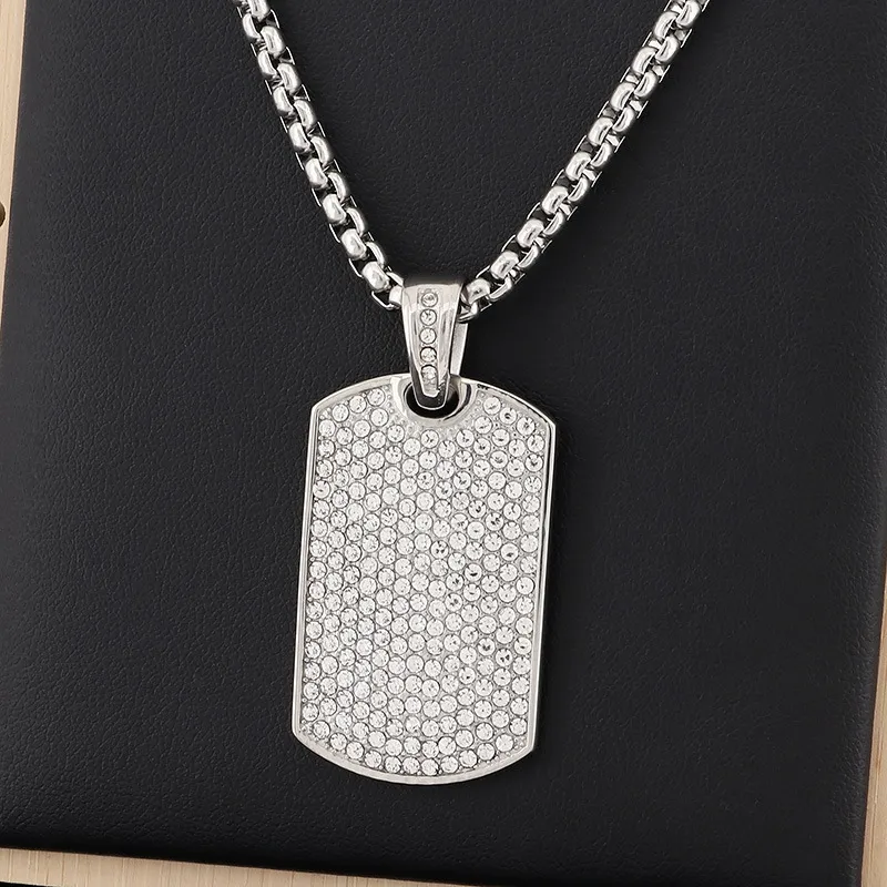 Personalized Trendy Straight-Cut Square Pendant, European and American Rock and Hip-Hop Fashion, Studded with Rhinestones, Stainless Steel Men's Necklace