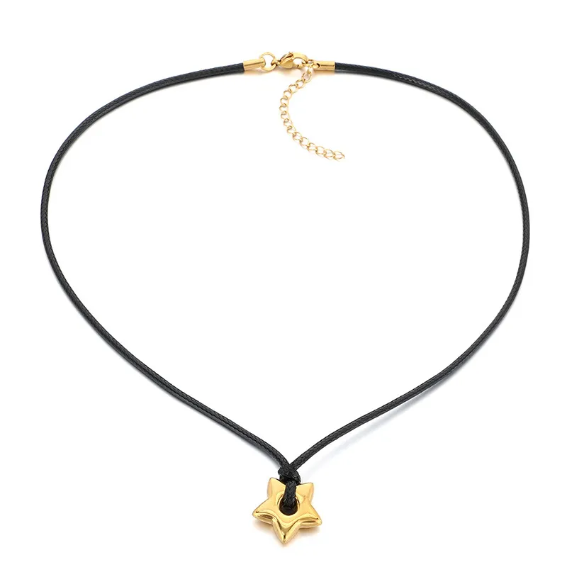 Popular Heart-Shaped Sweater Chain Necklace with Creative Fashion, Wax Rope, Five Pointed Star, Hexagonal Stainless Steel Pendant Necklace