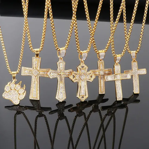 Personalized Bear Paw Pendant Hip Hop 3D Double Layer Cross with Diamond Pendant Stainless Steel Male and Female Accessories