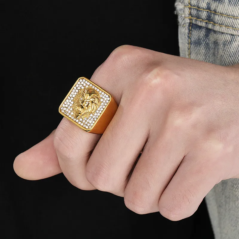 Fashion Lion Head Square Ring Hip Hop Rhinestones Cross Tai Chi Stainless Steel Men's Ring