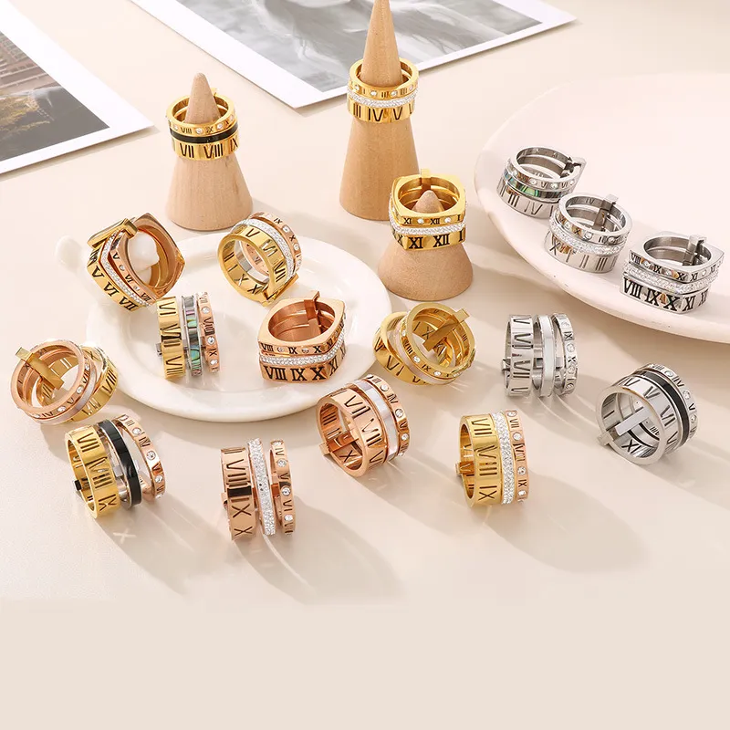Creative Trendy Unisex Stainless Steel Epoxy Resin Combined Diamond-Embedded Roman Numeral Ring