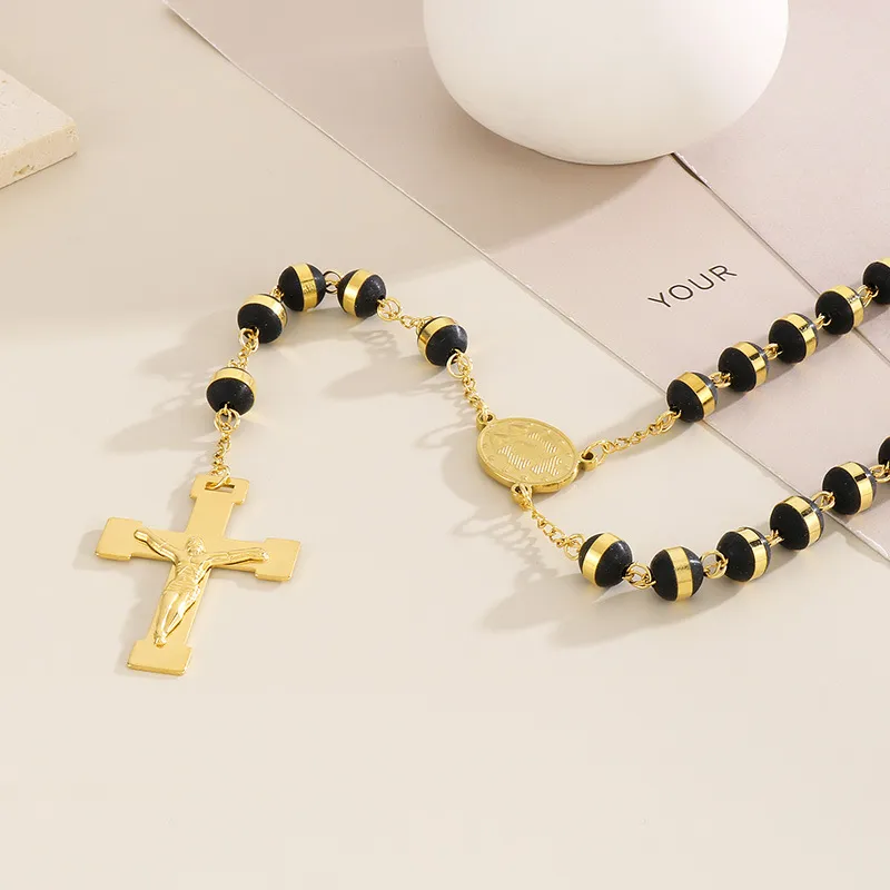Wholesale European and American Style Trendy 8mm Stainless Steel 18K Gold Cross Necklace Jewelry
