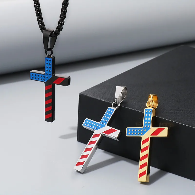American Red Blue White Star Spangled Stainless Steel Cross Pendant Men's and Women's Jewelry