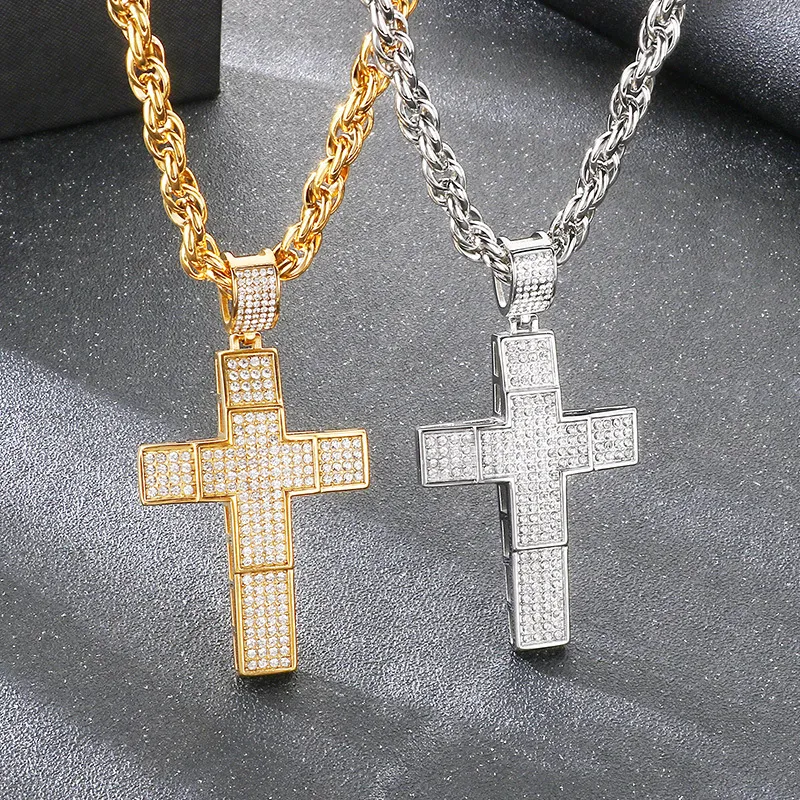 Trendy Fried Dough Twists Chain Hip Hop Full Diamond Double Cross Hollow Pendant Stainless Steel Men's Necklace