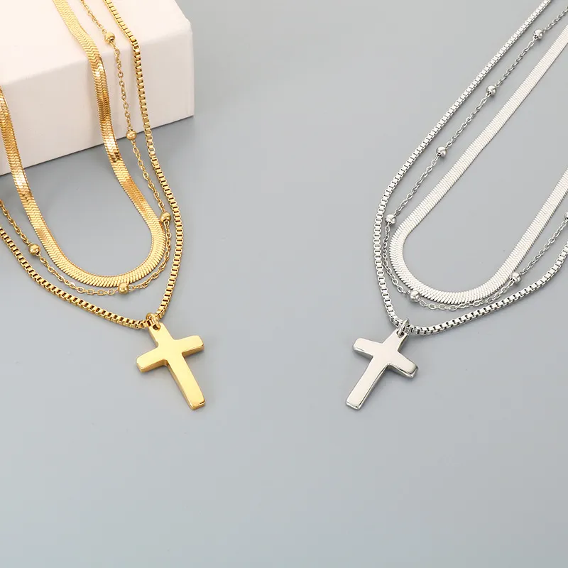 European and American Flat Snake Chain Multi-Layer Chain Necklace Retro Stainless Steel Box Chain Cross Pendant Men's and Women's Necklace