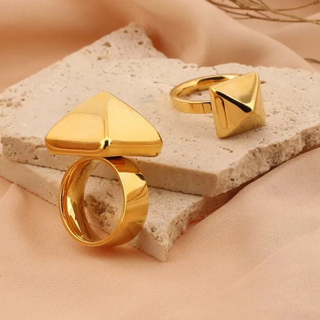 French-Style Trendy Gold Domed Geometric Stainless Steel Ring for Men and Women