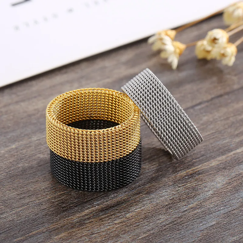 Stainless Steel Woven Mesh Ring Minimalist Watchband-Style Band Ring Men Women Wholesale