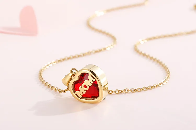 Birthstone Month Mom Heart-Shaped Polished Stainless Steel Pendant Necklace Mother's Day Gift