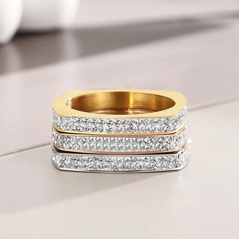 Personality Multi-Ring Square Ring Fashion Diamond-Embedded Roman Numeral Stainless Steel Ring Wholesale