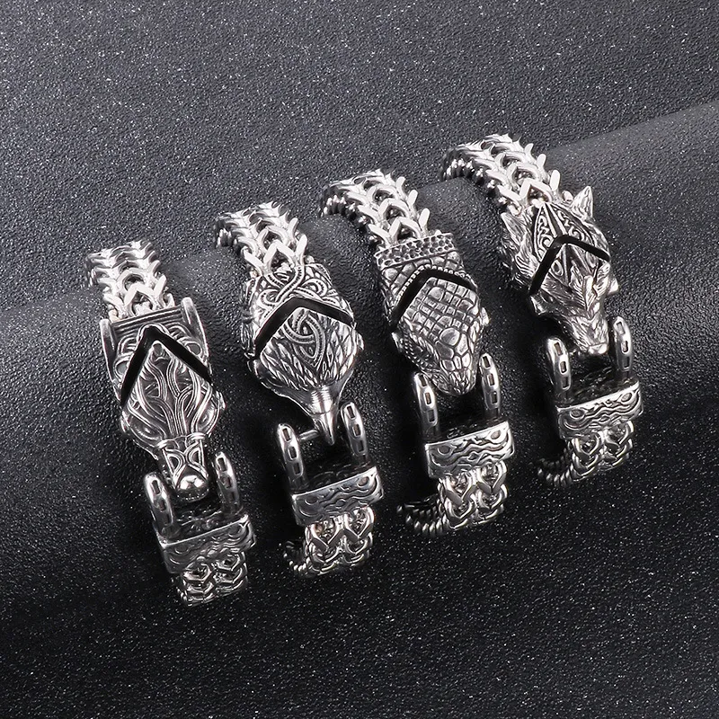 Cross-Border Nordic Viking-Style Eagle Beak Jewelry, Punk Retro Wolf Head and Snake Head Reversible Chain Stainless Steel Men's Bracelet