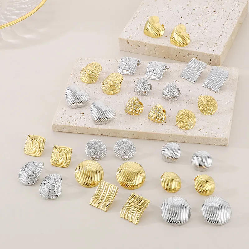 High-End Embossed Stainless Steel Earrings with Gold Accents