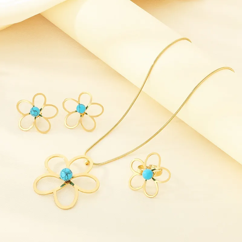 Fashion 4-Piece Hollow Flower Pearl Blue Natural Stone Inlay Stainless Steel Jewelry Set