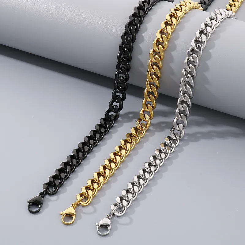 Hip Hop Style Stainless Steel Double-Sided Grinding Multi Size Cuban Chain Lobster Buckle Fashion Bracelet&Necklace Set