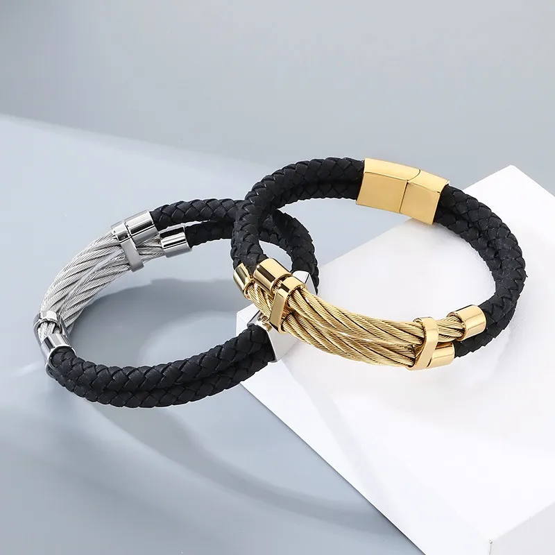 Trendy and Personalized Stainless Steel Wire Woven Double-Layer Leather Rope Bracelet Jewelry