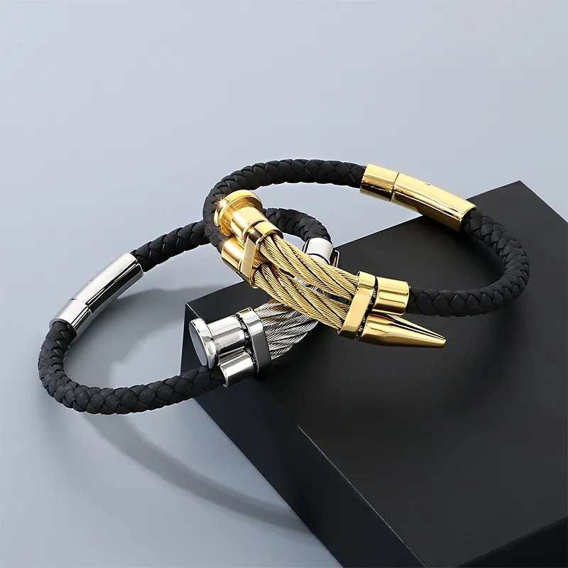 Punk Style Personalized Stainless Steel Nail Head Domineering Men's Leather Bracelet Wholesale