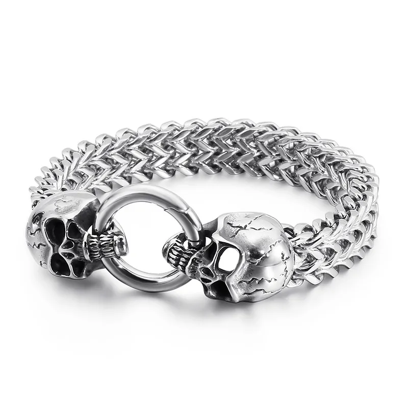 Wholesale Stainless Steel Creative Double Row Keel Chain Ghost Head Lion Head Round Buckle Men's Domineering Bracelet