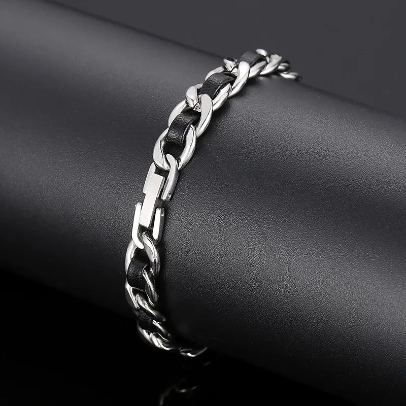 Stainless Steel Nk Chain Paired with Black Leather Bracelet Suitable for Daily Wear