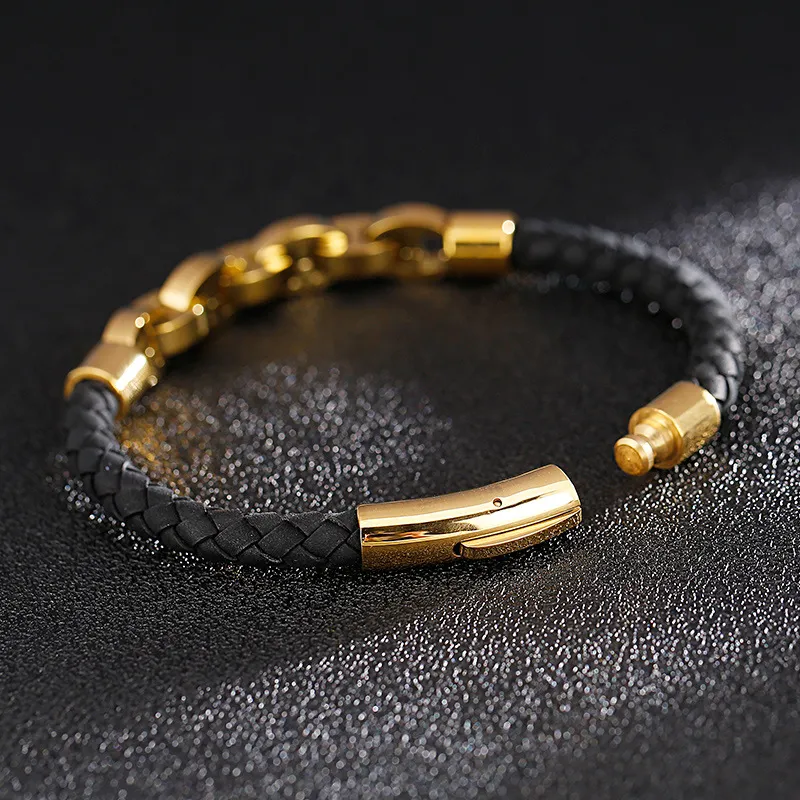 Trendy and Personalized Stainless Steel Cowhide Woven Chain Men's Leather Bracelet